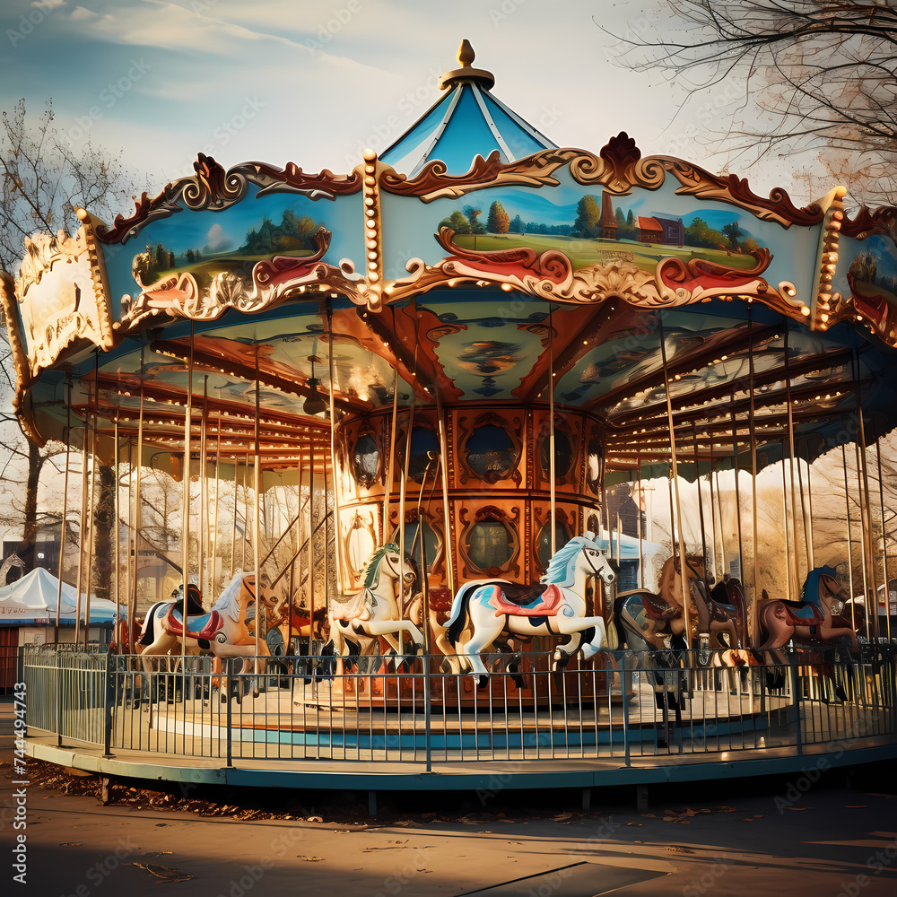 Whirling carousel at a vintage amusement park.