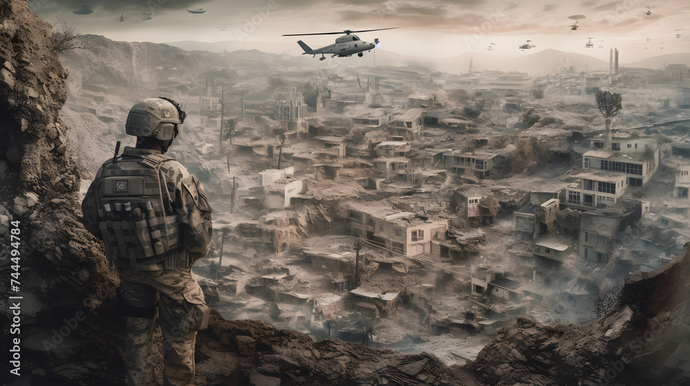 the soldier is standing behind some rocks and a helicopter is flying over the soldier is standing behind some rocks and a helicopter is flying over