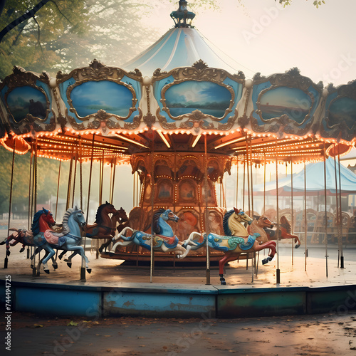 Whirling carousel at a vintage amusement park. © Cao
