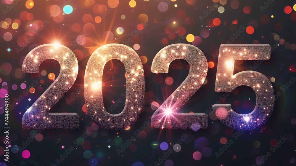 Happy New Year 2025, festive silver glitter rhinestone sparkling typography numbers design over colorful bokeh background