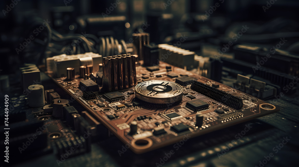 a bitcoin on a circuit board a bitcoin on a circuit board