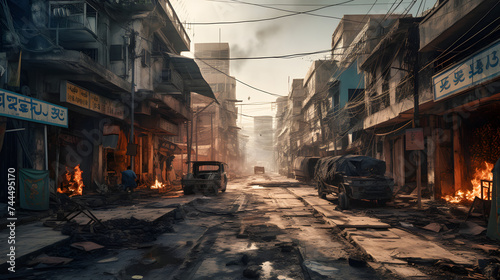  a road in a city burnt out after a blast