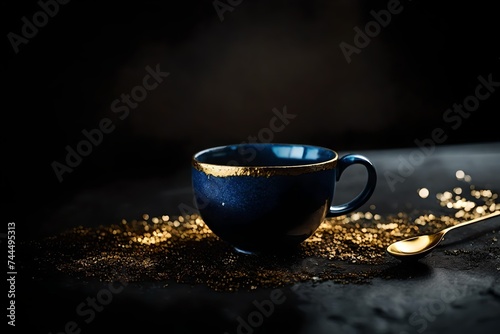 beautiful blue coffe cup , golden glitter and marbling effect , classy handcrafted ceramic