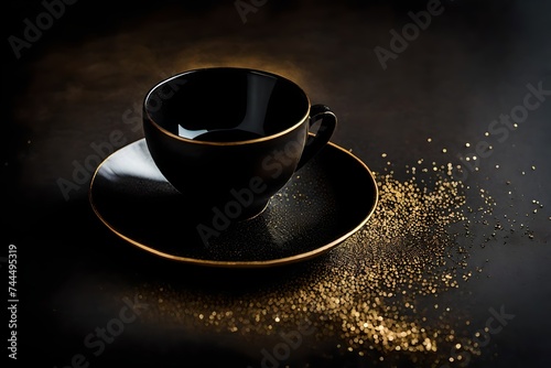 black coffe cup , kintsugi golden marbling technique , classy handcrafted ceramic