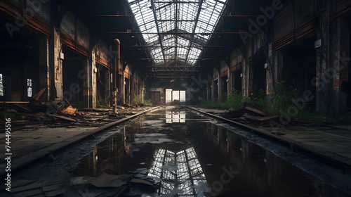  abandoned steel plant with puddles in the middle