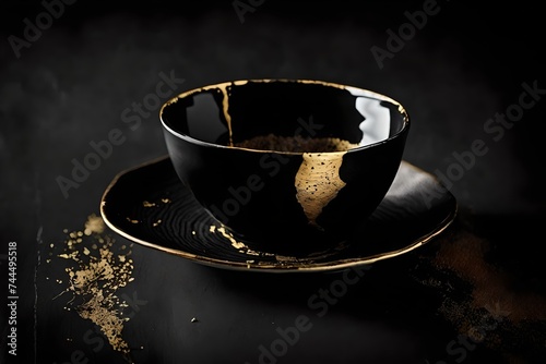 luxurious black coffe cup , kintsugi golden marbling technique , classy handcrafted ceramic