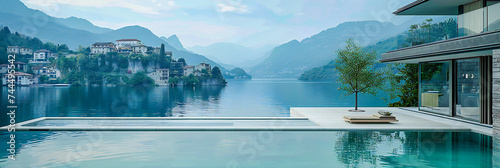 A serene view of a European lake nestled among mountains, where the tranquility of water meets the quaint charm of lakeside villages, invoking a sense of peaceful escape