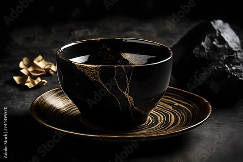 black ceramic bowl, kintsugi golden marbling technique , precious handcrafted dishware
