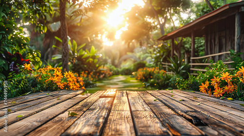 A serene garden tableau, where the warmth of summer light plays on wooden textures, inviting moments of reflection and peace