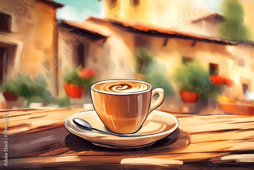 cup of coffee on terrace in a beautiful italian village