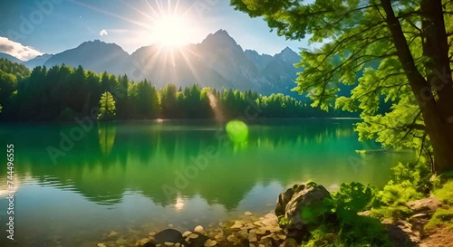 Stunning summer view of Fusine lake. The first rays of sunlight shine through the green leaves of the old forest. photo