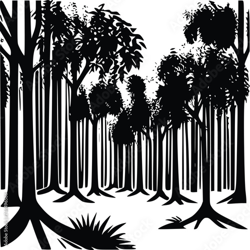 Black and white Vector illustration of  forest, trees, plants