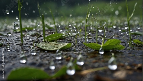 Raindrops on the leaves of plants in the rain. Shallow depth of field