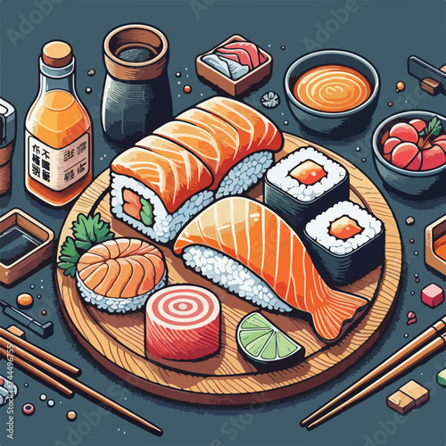 sushi sashimi. Roll Asian food, vector illustration isolated on white background