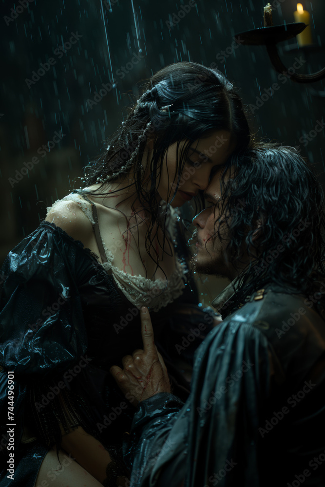 Intimate Moment in Rain-Soaked Embrace