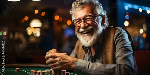 Joyful Elderly Man Engages in Card Game at Table. Concept Elderly Activities, Card Games, Enjoying Leisure Time, Social Interaction, Happy Moments