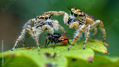 Jumping spider biting a rust fly on green. © Ghazanfar