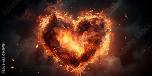 A fiery heart glowing against a dark backdrop in digital illustration. Concept Digital Illustration, Fiery Heart, Dark Backdrop, Glowing Effect