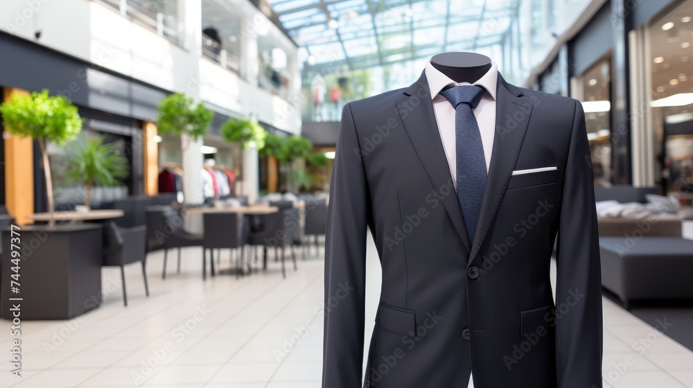 Luxurious suit displayed at the mall with ample space for text or design elements Luxurious suit displayed at the mall with ample space for text or design elements