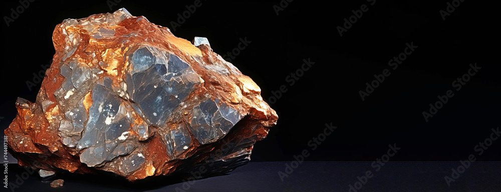 Amarantite is a rare precious natural stone on a black background. AI generated. Header banner mockup with space.