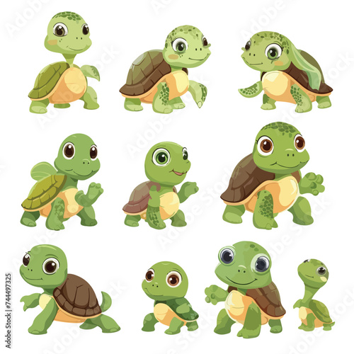 Cute turtle baby animals set. Tortoise reptilian ani
