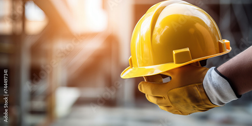 A detail of the worker holding yellow helmet in hands.