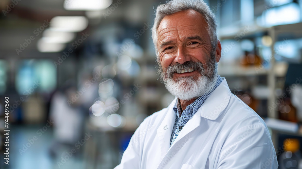 Fototapeta premium Experienced Chemist with a Welcoming Smile in Lab. Portrait of a senior male scientist with a friendly smile in a professional laboratory setting.