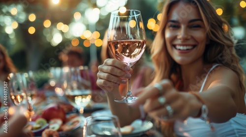Joyful Woman Toasting with Rosé Wine. Smiling woman raising a glass of rosé wine at a festive gathering.
