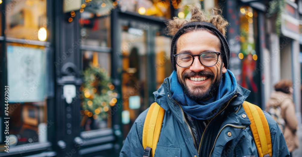 Joyful Man with Glasses on City Street.
Smiling man with dreadlocks and glasses enjoying a day in the urban street.