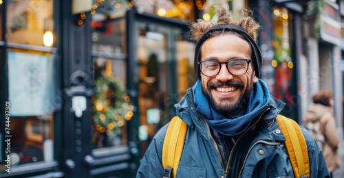 Joyful Man with Glasses on City Street. Smiling man with dreadlocks and glasses enjoying a day in the urban street.