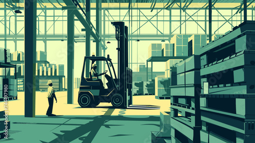 Stylized illustration of the interior of a warehouse and operated by a worker wearing a hard hat, which suggests a focus on safety within the work environment
