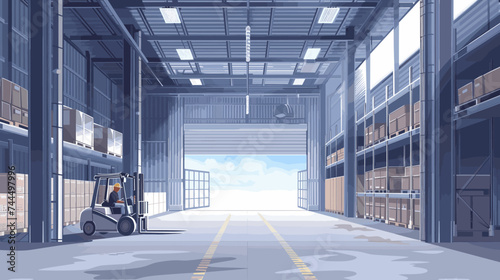 Stylized illustration of the interior of a warehouse and operated by a worker wearing a hard hat, which suggests a focus on safety within the work environment
