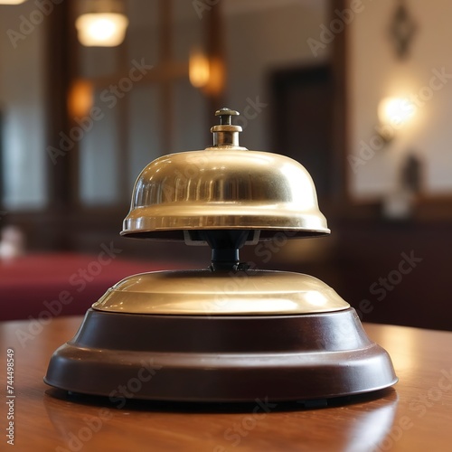 Restaurant or hotel bell of services calling on wooden counter