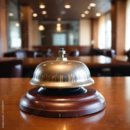 Restaurant or hotel bell of services calling on wooden counter