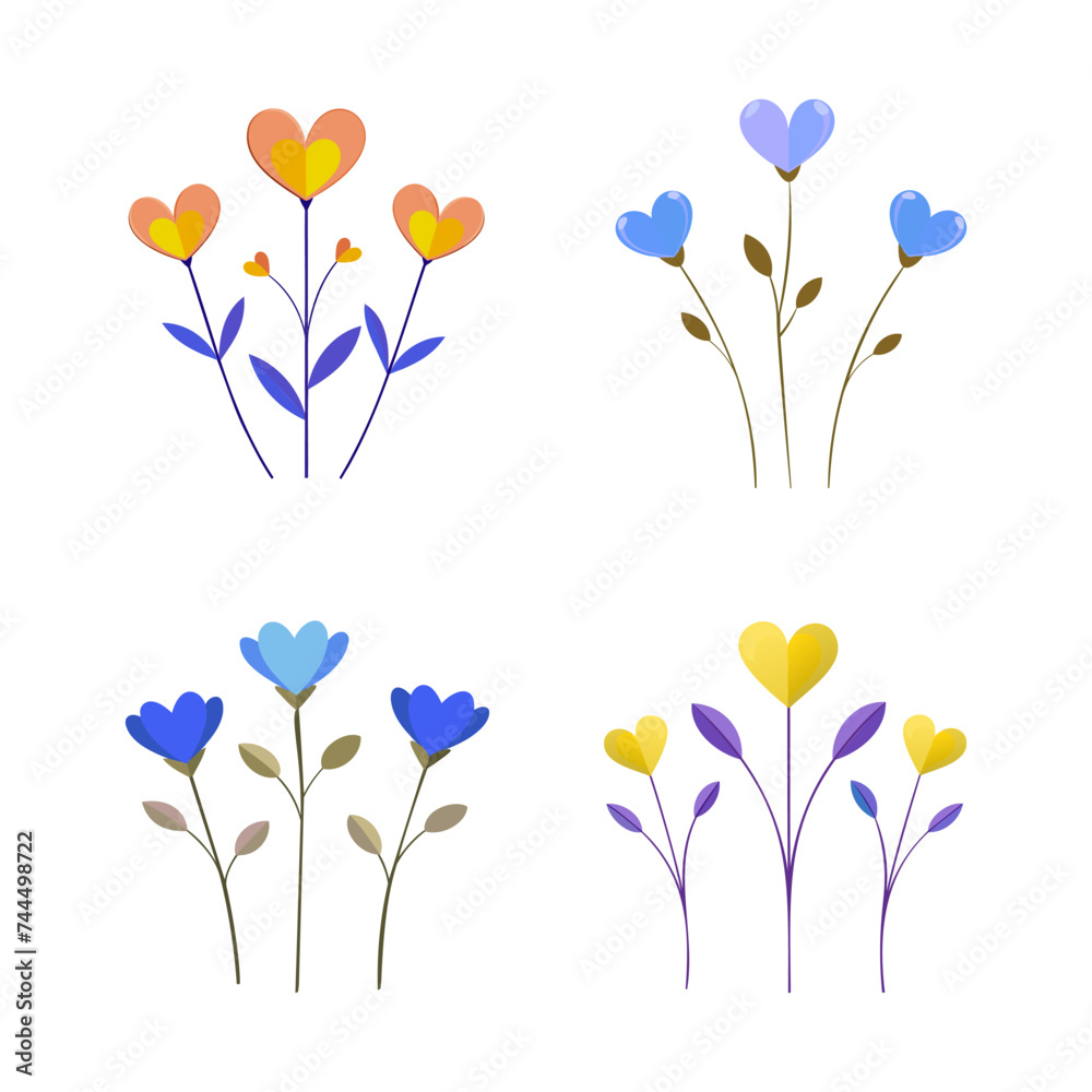 four different flowers with hearts and leaves