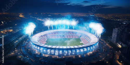A large modern football stadium with fireworks. © amazingfotommm