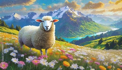 oil painting style illustration, sheep on mountain hill flower field ,cute and adorable wild