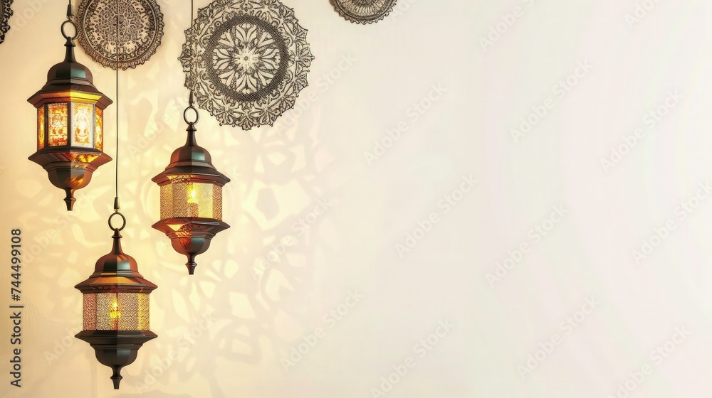 islamic festival greeting with islamic colorful decoration with mandala and lantern. ramadan card with white copy space