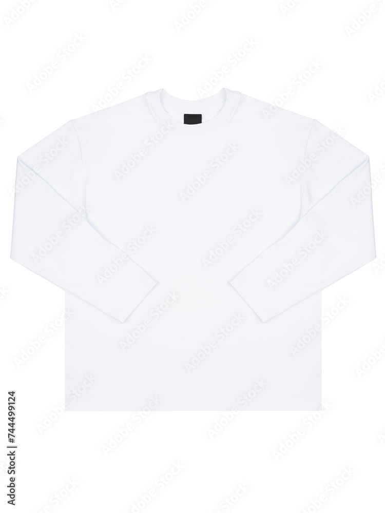 White cotton t-shirt with long sleeves with folded sleeves, mockup, isolated on white background, flat lay, front view. Clothes template for advertising, design, branding, text, print. White cotton t-shirt with long sleeves with folded sleeves, mockup, isolated on white background, flat lay, front view. Clothes template for advertising, design, branding, text, print.