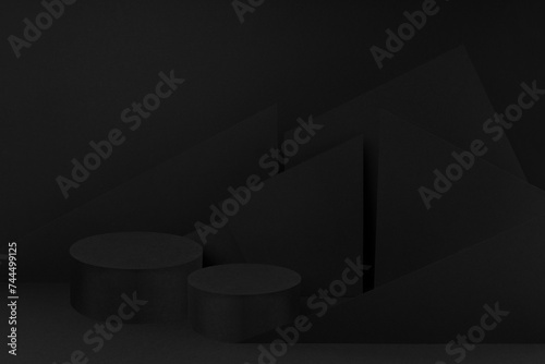 Luxury black stage mockup with set of two round podiums for presentation cosmetic products, goods, advertising, design, abstract geometric pattern of angles as relief in contemporary minimalist style. © finepoints