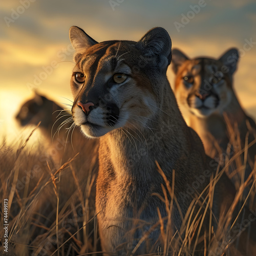 Puma family in the savanna with setting sun shining. Group of wild animals in nature. © linda_vostrovska