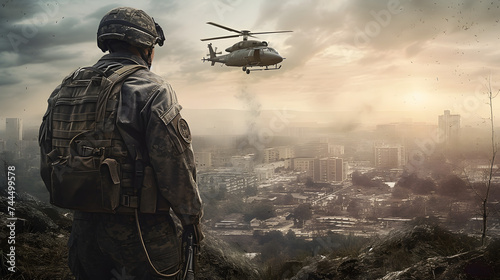  a soldier in a soldier's uniform looks out to the city with an army helicopter flying overhead