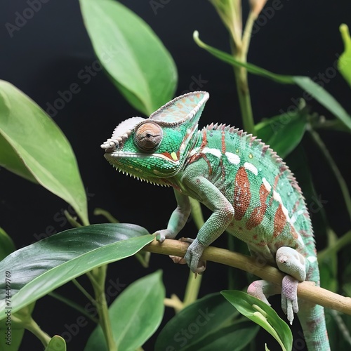 Cute chameleon on plant at home