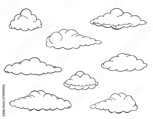 Hand drawn clouds set. Clouds of various shapes in line style. Set of clouds in sketch style isolated on white background. Cartoon design elements. Vector line illustration.