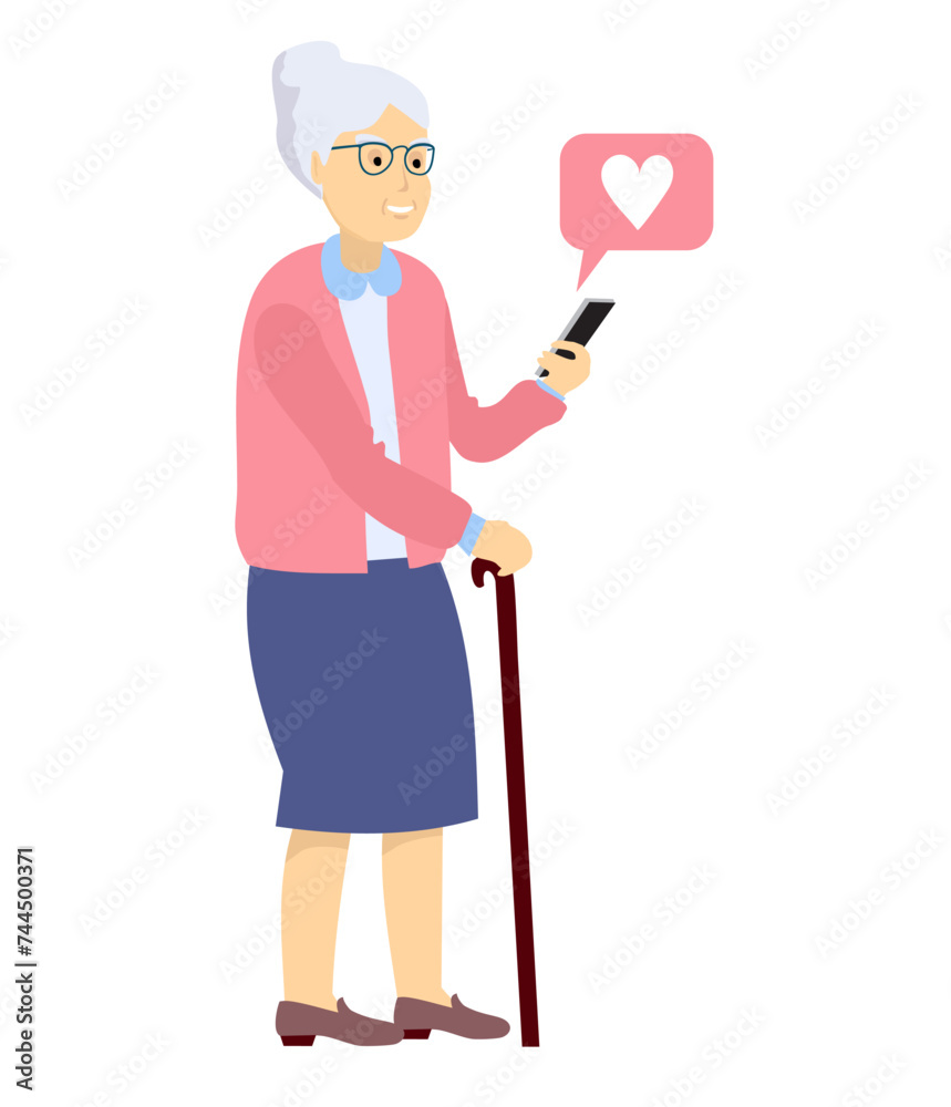 An elderly woman look in their phone. Family, mobile internet, social media, modern communication technology concept. Senior woman using smartphone for friendly and family communication. Vector An elderly woman look in their phone. Family, mobile internet, social media, modern communication technology concept. Senior woman using smartphone for friendly and family communication. Vector