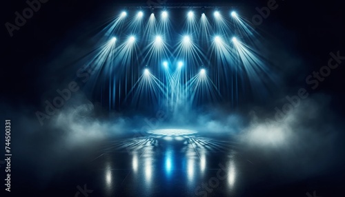 a dark stage illuminated by dramatic blue stage lights cutting through the haze. lights dynamic array of beams wallpaper background landscape texture 