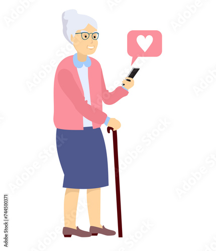 An elderly woman look in their phone. Family, mobile internet, social media, modern communication technology concept. Senior woman using smartphone for friendly and family communication. Vector