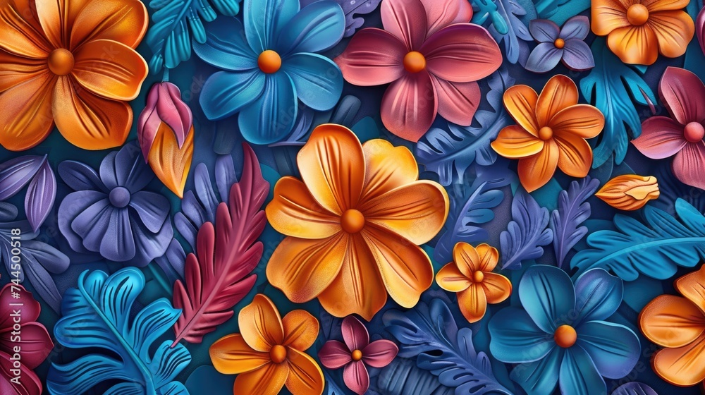 Colorful tropical flowers and green leaves illustration. Colorful tropical flowers and green leaves illustration.