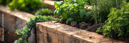 A close-up of a wooden garden bed filled with a variety of fresh herbs and spice © Simo