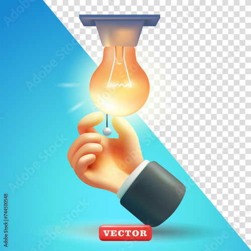 Hand turning on a rope light switch. 3d vector, suitable for business and educational ideas